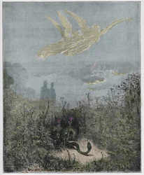 Purgatorio, Canto 8: gli angeli scacciano il serpente, illustrazione dalla Divina Commedia di Dante Alighieri, 1885